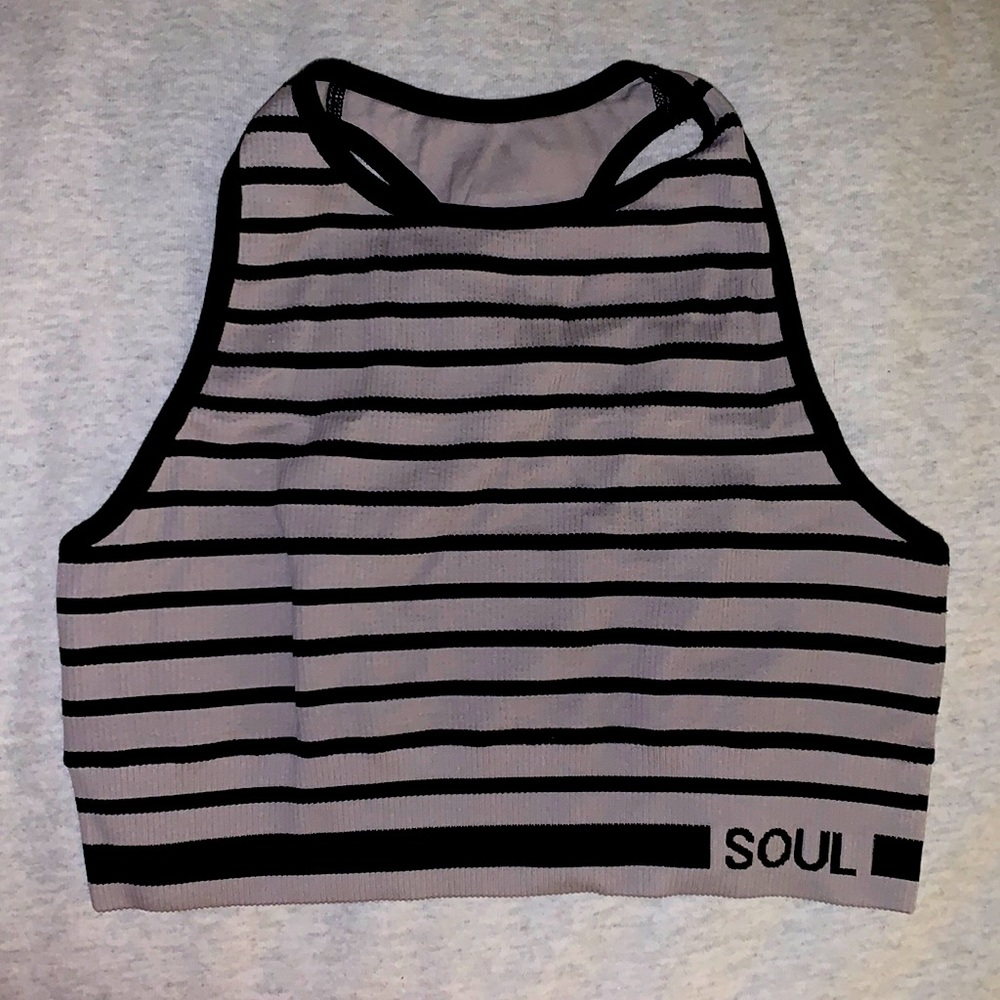Soul by SoulCycle. Size Medium. Long ribbed sports bra. Gray and black stripes.